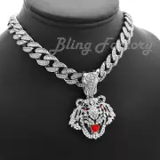 Silver PT Tiger Pendant & 12mm 16" 18" 20" Iced Box Lock Cuban Chain Necklace