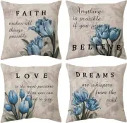 Blue Tulip Decorative Pillows Covers 18x18 Set of 4 Linen Throw
