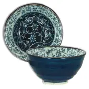 Japanese 4.5"D Ceramic Rice Snack Soup Bowl Blue Manyo Karakusa Made in Japan