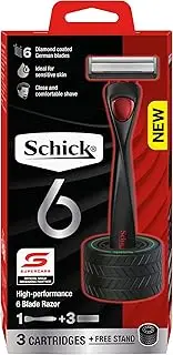 Schick Mens - Schick 6 Razor Kit for Men | 1 Handle with 3 Refills + Free Tyre Stand | 6 Diamond Coated Blades | Ideal for Sensitive Skin | Close and Comfortable Shave