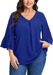 [SCOMCHIC] Plus Size Blouses for Women Dressy Casual 3/4 Tiered Bell Sleeve V Neck Elegant Shirts Work Tunic Tops, Royal Blue, 3X-Large Plus