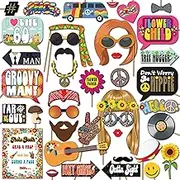 1960s Groovy Hippie Party Throwback Party Theme Photo Booth Props, 41 Pieces with Wooden Sticks and Strike a Pose Sign by Outside The Booth