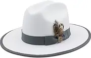 [Generic] White Feather Band Wool Women Men Fedora Hat for Winter Autumn Elegant Lady Trilby Felt Homburg Church Jazz Hat