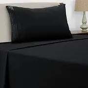 DYETEX Bed Sheets Set - Ultra Soft 100% Microfiber 3 Pcs 1800TC Embroidered Bed Sheets - Sheet Set Include 1 Flat Sheet-1 Deep Pocket 40CM Fitted Sheet and 1 Pillowcase (Black/Black, Single)