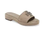 NIB Tory Burch Eleanor Crystal Embellished Leather Slide Sandal Gray Heron US 8