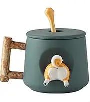 Scizorito Cute Dog Couple Cup, Ceramic Coffee Mug with a Lid, Concave wood grain pattern handle, Cute Paws on the Top of the Spoon, Cute Shiba Lnu Three-dimensional Design, with Matte Texture,(420ML Green Tail)