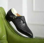 Handmade Leather Shoes Monk Strep Crocodile Texture Leather Men Black Shoes