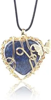 [Xiao Hua] necklace pendant, handcrafted for men and women, with a butterfly life tree pendant wrapped in silk. Natural crystal stone heart-shaped necklace (blue), 3.7*4.2cm/1.5*1.7in, Alloy+Natural