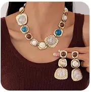[Missgrace] Dainty Bridal Wedding Blue Brown Resin Retro Necklace Earrings Sets Sparkly Statement Geometry Wedding Prom Party Accessories for Women and Bride
