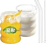 2Pcs Drinking Cup with Glass Straw 12oz Glassware Set，Iced Coffee Cup，Cute Glass Cups，Wave Bubble Cup，Cocktail Glass，Beer Glass，Suitable for Soda Water, Tea, Gifts - with Cleaning Brush