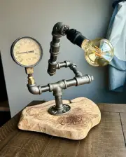 Steampunk Pipe Lamp Live Edge Wood Base Old Gauge Edison Bulb Unique