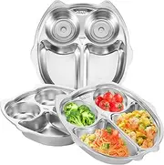 Stainless Steel Divided Plate Portable Versatile Divided Meal Tray Sections Cute Diet Portion Control Tray for Picky Eater(Silver owl)