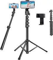 67 inch Phone Tripod, Extendable Selfie Stick Tripod with Phone Clip, Portable Cell Phone Tripod Stand, Lightweight Travel Tripod, Compatible with Most Smartphone