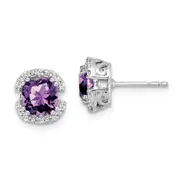 14k White Gold Cushion Amethyst and Real Diamond Halo Earrings