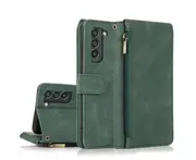 For Samsung Galaxy S21 FE Case, Leather Zipper Purse Flip Cover Case with Card Slot Holder Wrist Strap Lanyard (Dark Green)