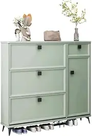 Slim Green Shoe Storage Cabinet with Flip Drawers Wooden Shoe Rack Organizer for Sneakers, Sandals, and Slippers