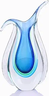 Blown Glass Blue vase, Unique Murano Style Glass Art Deco vase for Living Room TV Stand, Table Setting, Office, Room and Desktop Decorations and Ornaments.