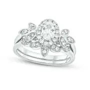 0.75 CT. T.W. Oval Natural Diamond Frame Tri-Sides Leaf Bridal Engagement Ring Set in Solid 14K White Gold (I/I2)