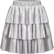 [WELAKEN] Girls Sparkle Ruffle Skirt Elastic Waist Solid Color 3-Layer Pleated Skirts for Kids & Girls