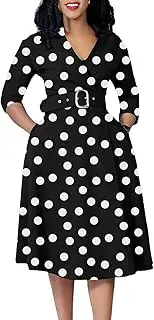 [Elainone] Women’s 3/4 Sleeve Flared A Line Dress Wedding Guest Casual Semi Formal Office Lady Dresses with Belt