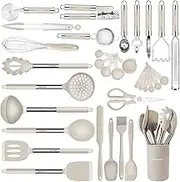 Kitchen Utensils Set-Silicone Cooking Utensils-33pcs Non-Stick Silicone Cooking Kitchen Utensils Spatula Set with Holder-Best Kitchen Cookware with Stainless Steel Handle (Khaki)