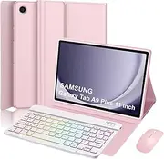 Keyboard Case with Wireless Mouse for Samsung Galaxy Tab A9 Plus 11 Inch 2023 SM-X210/X216/X218, Galaxy Tab A9+ Keyboard Case with 7 Color Rainbow Backlit, S Pen Holder, Pink