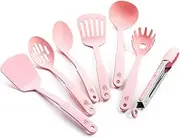 GreenLife Cooking Tools and Utensils, 7 Piece Nylon Set Including Spatulas Turner Spoons and Tongs, Heat Resistant Spatula and Spoons, BPA-Free, Pink