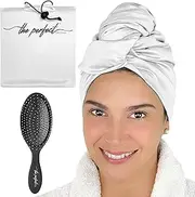 THE PERFECT HAIRCARE Microfiber Curly Hair Towel Wrap with Wet/Dry Brush - Fast Drying and Gentle Detangling for Women, Girls, Kids, Children - Great for Travel, Gifts and Hair Extensions