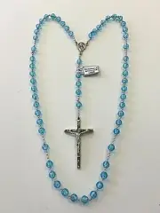 VINTAGE BLUE ROSARY SILVER CRUCIFIX NECKLACE 28" ITALY QUADRUPLE INTERLOCK LINKS