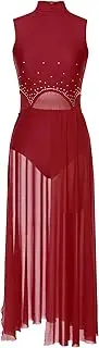 [Raenseen] Women's Rhinestone Lyrical Dance Dress Long Cutout Maxi - Round Neck & Side Split Contemporary Dance Costume