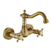 Classical Brass Kitchen Faucet Wall Mounted Dual Handle Holes Cold and Hot Water Taps Rotatable Kitchen Mixer Tap