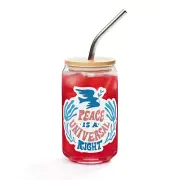 16oz Can-shaped Glass "Peace is a Universal Right" Cold Drink Press Lid & Straw