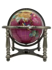 14" Pink Pearl Swirl Ocean 4- leg Silver table stand Gem Gemstone World globe