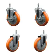 5 Inch Orange Poly Wheel Swivel 7/16 Inch Grip Ring Stem Caster Set 2 Brakes