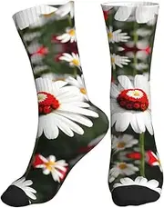 [OAROK] Flower And White Daisy Sport Running Calf Socks Performance Breathable Crew Socks For Men Women