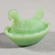 Jadeite Jadite Green Glass Miniature Hen on Nest Salt Cellar Trinket Dish