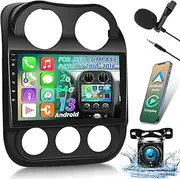 [2G+64G] Car Radio for Jeep Compass Patriot 2010-2016, 10.1 inch Android 13 Touch Screen Stereo, Carplay/Android Auto/Hi-Fi Audio/Wi-Fi/1080P/SWC/Bluetooth+AHD Backup Camera+MIC
