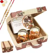 Ghasitaram Gifts Rakhi Gifts for Brothers Jute Box of Alomnds, Mix Dryfruits and Sugarfree Bites with 2 Pearl Rakhis