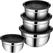 DINHEAROM 4-Piece Baking Mixing Bowl Set with Lids Stainless Steel Salad Bowls for Mixing Serving Salad Space-Saving Design