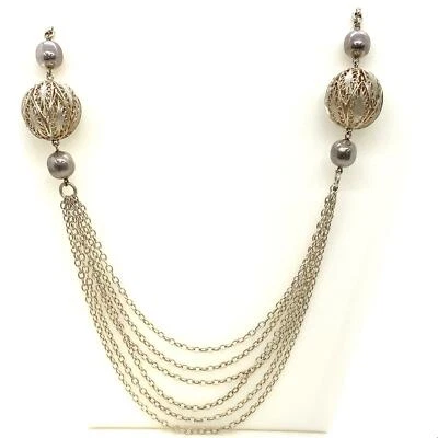 Vintage 925 Filigree Ball Multi Strand Chain Statement Necklace sz 27"