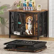 Easycom Dog Crate Furniture, 31.5" Assembly-Free Dog Crates for Small & Medium Dogs, Foldable Dog Kennel Indoor with Tag & Adjustable Dog Bowls, Wooden Dog Cage Use as End Table, Rustic Brown