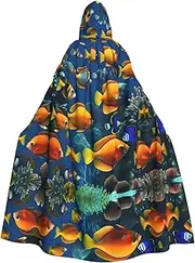 The Underwater World Tropical Fish Print Hooded Grace Cloak For Women Men Halloween Cosplay Carnival Parties Themed Events, Black