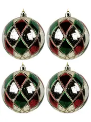 Shiny Red, Green & Gold Geometric Shape Baubles With Glitter Lines - 4 x 10cm