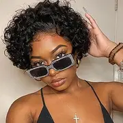Short Curly Lace Front Wigs Pixie Cut Wig Human Hair 13X1 Pixie Cut Curly Human Hair Wigs Pre Plucked Glueless Wigs (1B)