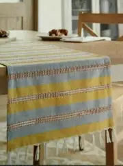 LOVELY THRESHOLD TABLE RUNNER 14" X 72" YELLOW AND BLUE STRIPES FRINGE NEW