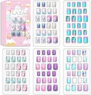 Laza 120pcs Children Nails Press On Pre-glue Full Cover Glitter Gradient Color Rainbow Sparkling Scale Wave AquariusShort False Nail Kits for Kids Teenager Girls - Silver Pearl