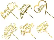 6pcs Happy Anniversary Cake Topper, Gold Sliver Wedding Anniversary Acrylic Cake Toppers, Happy Anniversary Party Decorating supplies