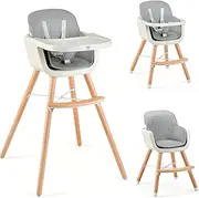 BABY JOY Convertible Baby High Chair, 3-in-1 Wooden High Chair/Booster/Chair with Removable Tray, Adjustable Legs, 5-Point Harness, PU Cushion and Footrest for Baby, Infants, Toddlers (Gray)