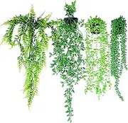 Lenamos 4 Packs Fake Plants Hanging with Pots Faux Mandala Vine, Faux Eucalyptus Hanging Plants, Boston Fern, String of Pearls for Home Room Wall Shelf Indoor Patio Garden Outdoor Decor