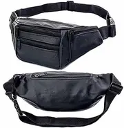 [Generic] Leather Fanny Pack Waist Bag for Men Women, Cell Phone Purse Wallet Pouch Travel Hiking Running Hip Bum Belt (Black)